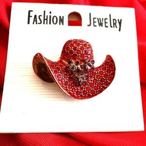 VTG Red Hat Lady Pin Brooch w/ Lavender Rhinestones NWOT